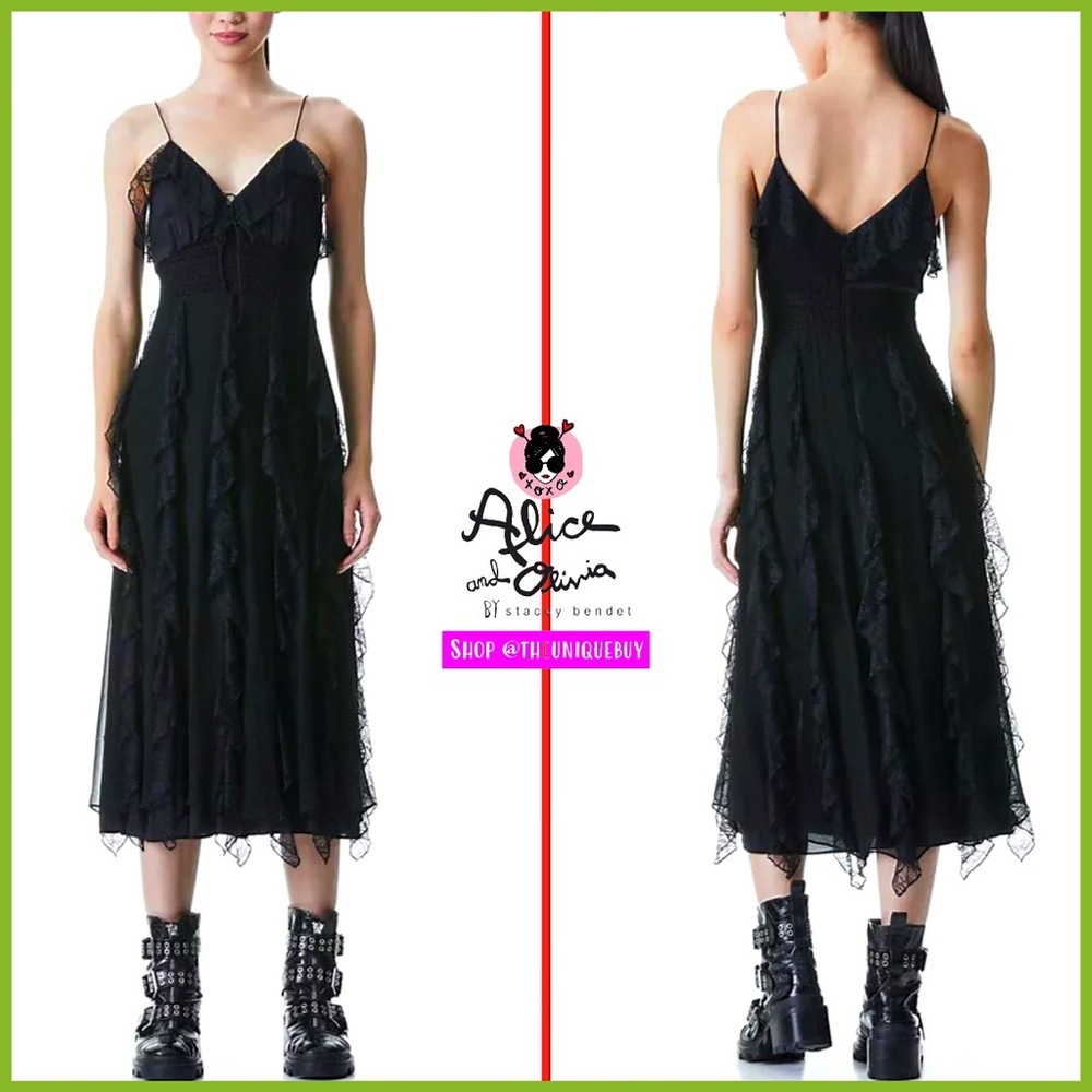 Alice + Olivia McGuire Lace & Silk Blend Black Midi Dress - Picture 6 of 17